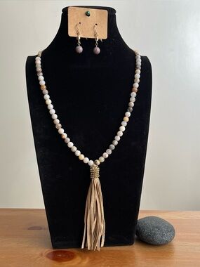 Handmade natural stone mala bead necklace with a leather tassel jewelry